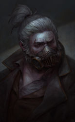 Rule 34 | 1boy, absurdres, beard, brown jacket, coat, collared shirt, covered mouth, dress shirt, facial hair, gas mask, grey eyes, grey shirt, hair ornament, hair tie, highres, jacket, looking at viewer, male focus, manly, mask, nat, nat vitchayed, old, old man, one eye closed, open clothes, open coat, overwatch, overwatch 1, ponytail, portrait, roadhog (overwatch), scar, scar across eye, scar on face, serious, shirt, short ponytail, signature, vitchayed, white hair
