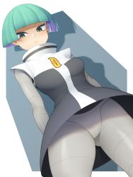 Rule 34 | 1girl, arms behind back, blunt bangs, bodysuit, breasts, closed mouth, commentary request, creatures (company), eyelashes, game freak, green eyes, green hair, grey bodysuit, highres, looking at viewer, nintendo, pokemon, pokemon dppt, short hair, solo, team galactic, team galactic grunt, team galactic uniform, uniform, upskirt, yashima105