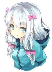 Rule 34 | 10s, 1girl, absurdres, blue eyes, blush, bow, closed mouth, cropped torso, eromanga sensei, hair bow, highres, izumi sagiri, jacket, long hair, looking at viewer, otogi kyouka, pink bow, silver hair, simple background, solo, upper body, wavy hair, white background