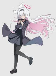 Rule 34 | 1girl, absurdres, black footwear, black hairband, black jacket, black pantyhose, black serafuku, black shirt, black skirt, blue archive, braid, closed mouth, colored inner hair, commentary request, e li (77864296), full body, grey background, grey hair, hair ribbon, hairband, halo, hands up, highres, jacket, loafers, long hair, long sleeves, looking afar, multicolored hair, neckerchief, open clothes, open jacket, own hands together, pantyhose, pink hair, pink halo, plana (blue archive), pleated skirt, ribbon, school uniform, serafuku, shirt, shoes, side braid, simple background, skirt, solo, standing, standing on one leg, white neckerchief, white ribbon