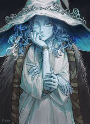 Rule 34 | 1girl, blue eyes, blue hair, blue skin, cape, cloak, colored skin, cracked skin, doll joints, elden ring, extra arms, extra faces, fur cape, fur cloak, hat, highres, joints, large hat, looking at viewer, ranni the witch, rashuu, solo, witch, witch hat