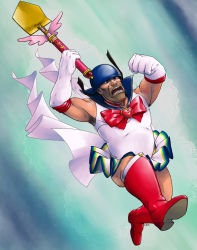Rule 34 | 1boy, armpit hair, bishoujo senshi sailor moon, boots, bow, choker, clenched hand, commentary, cosplay, crossdressing, elbow gloves, facial hair, gloves, helmet, highres, male focus, muscular, open mouth, sailor moon, sailor moon (cosplay), shovel, skirt, soldier (tf2), stubble, team fortress 2, worktool, yang