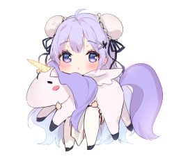 Rule 34 | 1girl, ahoge, azur lane, blush, bun cover, butterfly hair ornament, cheli (kso1564), chibi, commentary request, double bun, dress, hair bun, hair ornament, hairclip, highres, holding, holding stuffed toy, looking at viewer, parted lips, pelvic curtain, purple eyes, purple hair, simple background, solo, stuffed animal, stuffed toy, stuffed winged unicorn, thighhighs, unicorn (azur lane), unicorn (the gift of spring) (azur lane), white background, white dress, white thighhighs