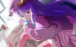 Rule 34 | 1girl, book, bottle, capelet, crescent, dress, drinking, hair ribbon, hat, long hair, long sleeves, looking at viewer, mob cap, patchouli knowledge, pink dress, pink thighhighs, purple eyes, purple hair, ribbon, sinzan, solo, striped clothes, striped dress, thighhighs, touhou, tress ribbon, very long hair, zettai ryouiki