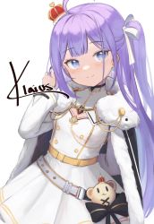 Rule 34 | 1girl, ahoge, artist name, belt, blue eyes, breasts, cape, commentary, commission, crown, earrings, fur collar, hair ribbon, highres, indie virtual youtuber, jewelry, klaius, long hair, long sleeves, looking at viewer, mini crown, purple hair, ribbon, shizukou, simple background, small breasts, smile, solo, split mouth, twintails, very long hair, virtual youtuber, white background, white ribbon
