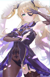 Rule 34 | 1girl, absurdres, arm garter, arm up, armpits, artist name, asymmetrical legwear, bare shoulders, black ribbon, blonde hair, bodystocking, bow, bowtie, breasts, bridal gauntlets, brown thighhighs, chromatic aberration, chuunibyou, commentary request, cowboy shot, detached collar, detached sleeves, dress, elbow gloves, eyepatch, fingernails, fischl (genshin impact), fishnets, from below, garter straps, gem, genshin impact, gloves, gluteal fold, green eyes, hair over one eye, hair ribbon, hand up, highres, huge filesize, jbum99, korean commentary, long hair, looking at viewer, looking down, medium breasts, mixed-language commentary, nail polish, parted lips, purple bow, purple bowtie, purple dress, purple gloves, purple nails, ribbon, signature, single detached sleeve, single glove, single leg pantyhose, single thighhigh, solo, standing, thighhighs, two side up, uneven legwear, very long hair, white background