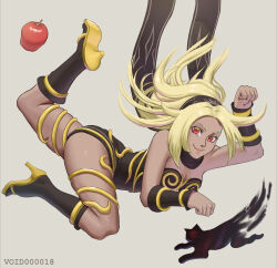 Rule 34 | apple, black scarf, blonde eyebrows, blonde hair, cat, commentary, commentary request, dark skin, english commentary, floating, floating hair, food, fruit, gravity daze, highres, kitten (gravity daze), mixed-language commentary, paw pose, red eyes, scarf, smile, thick thighs, thighs, void000018