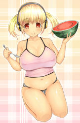 Rule 34 | 1girl, :q, blonde hair, blush, breasts, brown eyes, camisole, cleavage, collarbone, covered erect nipples, food, fruit, fruit cup, headphones, huge breasts, kabocha head, large breasts, looking at viewer, navel, nitroplus, panties, plump, red eyes, seiga, shirt, short hair, skindentation, smile, solo, spoon, super pochaco, taut clothes, taut shirt, thighs, tongue, tongue out, twintails, underwear, underwear only, watermelon