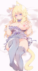 Rule 34 | 1girl, absurdres, animal ear fluff, animal ears, warrior of light (ff14), blonde hair, blue eyes, blush, bow legwear, breasts, cat ears, cat girl, cat tail, closed mouth, convenient leg, facial mark, final fantasy, final fantasy xiv, groin, hair over shoulder, hands up, highres, knee up, large breasts, lingerie, long hair, looking at viewer, lying, miqo&#039;te, neck garter, negligee, nipples, no panties, no shoes, on back, one breast out, original, playing with own hair, pout, purple thighhighs, slit pupils, solo, tail, thighhighs, thighs, underwear, whisker markings, zhazhapao