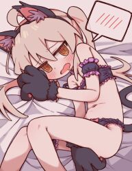 Rule 34 | 1girl, @ @, ahoge, animal ear fluff, animal ears, animal hands, arm between legs, armband, armpit crease, bandeau, bare shoulders, black bandeau, black choker, black panties, blush, bow, bow panties, breast cutout, cat ears, cat lingerie, cat tail, choker, commentary request, dot nose, fake animal ears, fake tail, feet out of frame, flat chest, frilled armband, frilled bandeau, frilled choker, frilled panties, frills, furrowed brow, gloves, hair between eyes, indoors, korean commentary, light brown hair, long hair, looking at viewer, m1ch, meme attire, navel, official alternate costume, on bed, onii-chan wa oshimai!, open mouth, orange eyes, oyama mahiro, panties, paw gloves, saliva, solo, spoken blush, straight hair, tail, twintails, underwear, very long hair, wavy mouth