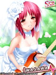 Rule 34 | 1girl, angel beats!, bare arms, bare shoulders, blush, breasts, bridal veil, character name, cleavage, collar, commentary request, copyright name, day, detached collar, dress, dress flower, eyelashes, eyes visible through hair, fingernails, floral print, flower, frilled dress, frills, grass, guitar, hair flower, hair ornament, half-closed eyes, happy, holding, holding instrument, instrument, iwasawa masami, lips, long dress, looking at viewer, medium breasts, open mouth, outdoors, parted bangs, red eyes, red hair, rose, rose print, short hair, smile, solo, sparkle, strapless, strapless dress, veil, wedding dress, white collar, white dress, white flower, white rose, zen (kamuro)