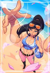 Rule 34 | 1girl, absurdres, bag, beach, belt, black hair, blue eyes, blue shirt, boots, cloud, commentary, crop top, english commentary, extra arms, eyewear on head, from above, full body, highres, one piece, pants, petals, pimozzarella, pink pants, ponytail, shirt, sidelocks, sky, smile, solo, thousand sunny, zipper