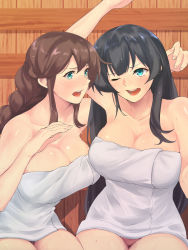 Rule 34 | 2girls, agano (kancolle), aqua eyes, black hair, blush, braid, breasts, brown hair, cleavage, collarbone, female pubic hair, highres, indoors, kantai collection, large breasts, long hair, looking at another, multiple girls, naked towel, noshiro (kancolle), open mouth, pubic hair, sauna, shingyou (alexander-13), side-by-side, sidelocks, sitting, sweat, towel, twin braids