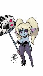 Rule 34 | 1girl, blue skin, breasts, cleavage, colored skin, high heels, highres, kichatun dk, league of legends, long hair, playboy bunny, poppy (league of legends), poppy (league of legends), shortstack, thick thighs, thighhighs, thighs, twintails, weapon, yordle
