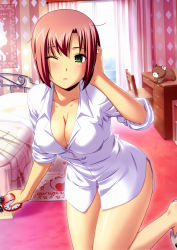 Rule 34 | 1girl, absurdres, bed, bedroom, blush, breasts, cleavage, clock, dress shirt, green eyes, highres, indoors, koutaro, large breasts, open clothes, open shirt, panties, pink hair, red hair, rio rollins, shirt, short hair, sleeves rolled up, solo, stuffed animal, stuffed toy, super blackjack, underwear, wince