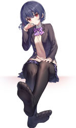 Rule 34 | 1girl, black hair, black jacket, black pantyhose, blazer, blush, bow, brown sweater, closed mouth, collared shirt, commentary request, crossed legs, diagonal-striped bow, dress shirt, feet, foot focus, foreshortening, hair between eyes, hand up, head tilt, highres, idolmaster, idolmaster shiny colors, jacket, long sleeves, looking at viewer, morino rinze, no shoes, open clothes, open jacket, pantyhose, pink bow, pleated skirt, purple skirt, red eyes, ririko (zhuoyandesailaer), school uniform, shirt, sitting, skirt, soles, solo, sweater, white background, white shirt