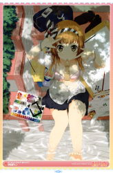 Rule 34 | 1girl, absurdres, barefoot, bra, breasts, brown hair, cleavage, feet, female focus, hairband, highres, lingerie, mizuki makoto, mouth hold, nature, outdoors, sitting, soaking feet, solo, toes, underwear, water, yellow eyes