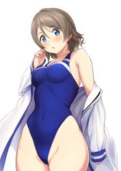 Rule 34 | 1girl, :o, bare shoulders, blue one-piece swimsuit, blush, breasts, brown hair, competition swimsuit, covered navel, cowboy shot, from below, groin, hair between eyes, highleg, highleg swimsuit, highres, long sleeves, looking down, love live!, love live! sunshine!!, medium breasts, nail polish, off shoulder, one-piece swimsuit, open clothes, open mouth, open shirt, pink nails, serizawa (serizawaroom), shirt, short hair, simple background, skin tight, solo, standing, swimsuit, tareme, thighs, watanabe you, white background, white shirt
