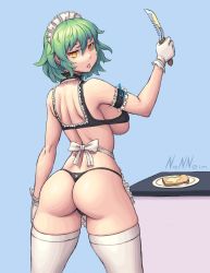 Rule 34 | 1girl, apron, ass, bikini, bikini top only, blue background, blush, breasts, frilled apron, frilled bikini, frilled bikini top, frills, from behind, gloves, green hair, hikage (senran kagura), knife, large breasts, looking at viewer, looking back, maid, maid bikini, maid headdress, nonneim, senran kagura, short hair, sideboob, solo, standing, swimsuit, thighhighs, tongue, tongue out, unconventional maid, underboob, waist apron, white thighhighs, yellow eyes