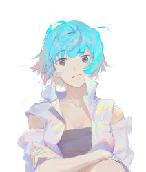 Rule 34 | 1girl, absurdres, bandaid, bandaid on face, black shirt, blue hair, breasts, cleavage, closed mouth, clothing cutout, collarbone, commentary request, crossed arms, highres, jacket, looking at viewer, multicolored hair, original, pink hair, purple eyes, raised eyebrow, shirt, short hair, shoulder cutout, simple background, sketch, solo, streaked hair, upper body, white background, white jacket, world (1257843324)