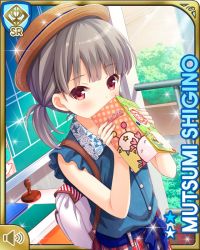 Rule 34 | 1girl, blue vest, brown hair, brown hat, card (medium), covered mouth, day, girlfriend (kari), hat, indoors, looking at object, official art, pamphlet, plaid, plaid skirt, pleated skirt, qp:flapper, red eyes, red skirt, shigino mutsumi, shirt, short twintails, silver hair, skirt, socks, solo, standing, thighhighs, twintails, vest, watch, white shirt, white socks, wristwatch