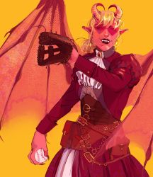Rule 34 | 1girl, ascot, baseball glove, basket, belt, blaseball, blonde hair, brooch, colored skin, demon wings, earrings, glassgob, glint, harriet gildehaus, highres, holding, holding basket, horns, jewelry, long sleeves, medium hair, nail polish, nose piercing, piercing, pink skin, pointy ears, pouch, puffy long sleeves, puffy sleeves, red nails, simple background, standing, sunglasses, wings, yellow background