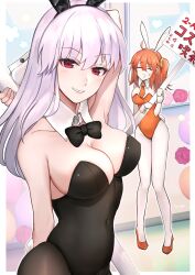 Rule 34 | 2girls, ahoge, alternate costume, animal ears, bare shoulders, black bow, black bowtie, black leotard, blush, bow, bowtie, breasts, cleavage, closed eyes, commentary request, covered navel, detached collar, fake animal ears, fake tail, fate/grand order, fate (series), fufufu hehehe, fujimaru ritsuka (female), grin, hair between eyes, high heels, highres, holding, kama (fate), large breasts, leotard, long hair, looking at viewer, multiple girls, necktie, orange footwear, orange hair, orange leotard, orange necktie, pantyhose, rabbit ears, rabbit tail, red eyes, short hair, side ponytail, smile, strapless, strapless leotard, sweatdrop, tail, thighs, translation request, white hair, white pantyhose, wrist cuffs