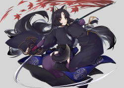 Rule 34 | 1girl, absurdres, animal ears, arknights, ass, beads, black hair, black kimono, blush, brown eyes, clothing cutout, commentary, cowboy shot, cropped legs, dog ears, dog girl, dog tail, facial mark, forehead mark, from behind, grey background, highres, hip vent, holding, holding polearm, holding weapon, infection monitor (arknights), japanese clothes, kimono, leaf, long hair, looking at viewer, looking back, maple leaf, naginata, open mouth, parted bangs, polearm, prayer beads, saga (arknights), simple background, solo, tail, tail through clothes, triangle mouth, very long hair, weapon, wide sleeves, zeroblood, zipper