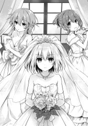 Rule 34 | 3girls, back bow, bouquet, bow, braid, braided ponytail, breasts, bridal veil, cleavage, closed mouth, collarbone, curtains, date a live, dress, drill hair, earrings, elbow gloves, flower, frown, gloves, greyscale, hair between eyes, highres, holding, holding bouquet, holding removed eyewear, indoors, jewelry, large breasts, looking at viewer, medium breasts, medium hair, monochrome, multiple girls, necklace, novel illustration, official art, ponytail, short ponytail, sidelocks, sleeveless, sleeveless dress, striped clothes, striped dress, tobiichi origami, tsunako, twin drills, unworn eyewear, veil, wedding dress, yamai yuzuru, yoshino (date a live)