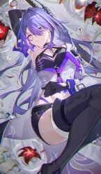 Rule 34 | 1girl, absurdres, acheron (honkai: star rail), arm up, armpits, bandaged leg, bandages, black choker, black gloves, black shorts, boots, breasts, choker, cleavage, coat, coattails, detached sleeves, flower, gloves, hair over one eye, highres, holding, holding sword, holding weapon, honkai: star rail, honkai (series), knees up, long hair, midriff, multicolored hair, navel, partially submerged, purple eyes, purple hair, red flower, scabbard, sheath, sheathed, short shorts, shorts, single bare shoulder, sirom, solo, stomach, streaked hair, sword, thigh boots, twitter username, water, water drop, weapon, white coat