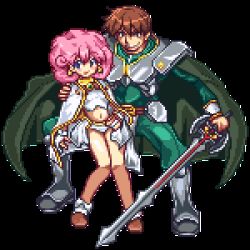 Rule 34 | 1boy, 1girl, alice soft, armor, chaos (rance), full body, lowres, midriff, navel, niino, pink hair, pixel art, rance, rance (series), sill plain, sprites, sword, transparent background, weapon