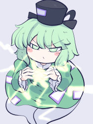 Rule 34 | 1girl, black hat, blush stickers, chahan (fried rice0614), closed mouth, dress, electricity, frilled sleeves, frills, ghost tail, green dress, green eyes, green hair, hat, highres, long sleeves, ofuda, ofuda on clothes, one-hour drawing challenge, short hair, simple background, soga no tojiko, solo, tate eboshi, touhou, white background