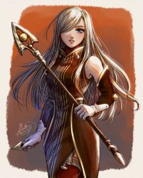 Rule 34 | 1girl, absurdres, bare shoulders, blue eyes, breasts, brown dress, brown hair, dagger, detached sleeves, dress, eyelashes, garter straps, gloves, hair over one eye, highres, holding, holding dagger, holding knife, holding weapon, knife, large breasts, lips, long hair, looking at viewer, michelle kristolia, sleeveless, sleeveless dress, solo, staff, tales of (series), tales of the abyss, tear grants, thighhighs, weapon, white gloves
