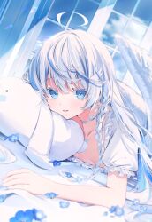 Rule 34 | 1girl, ahoge, angel, angel wings, bed, blue eyes, blue petals, blue sky, blush, braid, breasts, cleavage, cloud, collarbone, colored eyelashes, commentary request, curtains, day, eyelashes, feathered wings, frills, hair between eyes, hair ornament, hairclip, harui (hr x9 ), highres, indoors, long hair, looking at viewer, lying, medium breasts, neck ribbon, open mouth, original, pillow, ribbon, shirt, short sleeves, sidelocks, single braid, sky, solo, stuffed animal, stuffed toy, very long hair, white hair, white shirt, white wings, window, wing earrings, wing hair ornament, wings