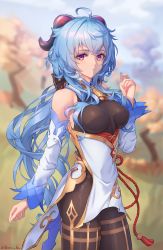 Rule 34 | 1girl, ahoge, bare shoulders, bell, black bow, blue hair, blurry, blurry background, blush, bodystocking, bow, breasts, commentary, cowboy shot, day, depth of field, detached sleeves, english commentary, ganyu (genshin impact), genshin impact, hair bow, highres, horns, long hair, long sleeves, looking at viewer, low ponytail, medium breasts, neck bell, outdoors, parted lips, pink eyes, red ribbon, ribbon, solo, stormstx, tassel, very long hair