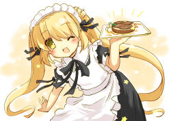 Rule 34 | 1girl, ;d, alternate costume, apron, arm at side, black bow, black dress, black ribbon, blonde hair, blush, bow, canaca chiyuri, collar, commentary request, cowboy shot, dress, enmaided, eyes visible through hair, fish, floating hair, frilled apron, frilled collar, frills, hair between eyes, hair ribbon, hand up, highres, holding, holding tray, long hair, looking at viewer, maid, maid apron, maid headdress, nakatsu shizuru, neck ribbon, no eyepatch, one eye closed, open mouth, puffy short sleeves, puffy sleeves, rewrite, ribbon, saury, short sleeves, simple background, smile, solo, standing, star (symbol), tray, twintails, twisted torso, very long hair, white apron, white background, white collar, yellow eyes