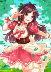 Rule 34 | 1girl, :d, antenna hair, blurry, blurry foreground, blush, brown hair, choker, cowboy shot, depth of field, falling leaves, highres, idolmaster, idolmaster cinderella girls, idolmaster cinderella girls starlight stage, leaf, looking at viewer, open mouth, outstretched arm, puffy short sleeves, puffy sleeves, red choker, round teeth, sakura ebi, short sleeves, smile, solo, straight hair, teeth, tsujino akari, two-tone dress, v, wrist cuffs