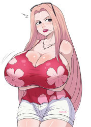 Rule 34 | 1girl, annoyed, bare shoulders, blush, breasts, cigarette, cleavage cutout, clothing cutout, collar, female focus, glasses on head, highres, hina (one piece), huge breasts, lipstick, long hair, looking up, makeup, official alternate costume, one piece, pale skin, pink hair, pinkkoffin, shirt, shorts, sideboob, sleeveless, sleeveless shirt, solo, thick thighs, thighs