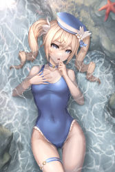 Rule 34 | 1girl, absurdres, barbara (genshin impact), barbara (summertime sparkle) (genshin impact), blonde hair, blue eyes, blue headwear, blue one-piece swimsuit, blue ribbon, cameltoe, collarbone, covered navel, flower, genshin impact, hair between eyes, hair flower, hair ornament, hair ribbon, highres, kie (wylee2212), long hair, looking at viewer, lying, on back, one-piece swimsuit, ribbon, solo, swimsuit, thigh gap, thigh strap, twintails, white flower