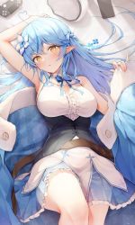 Rule 34 | 1girl, absurdres, ahoge, arm up, bare arms, bed sheet, belt, blue coat, blue hair, blue skirt, blush, breasts, brown belt, cellphone, center frills, coat, controller, corset, elf, flower, frills, game controller, hair between eyes, hair flower, hair ornament, half updo, hat, unworn hat, hatonaru525, unworn headwear, heart, heart ahoge, highres, hololive, large breasts, long hair, long sleeves, looking at viewer, lying, multicolored hair, on back, on bed, parted lips, phone, pointy ears, shirt, skirt, sleeveless, sleeveless shirt, sleeves past wrists, smartphone, solo, streaked hair, thighs, virtual youtuber, white flower, white shirt, yellow eyes, yukihana lamy
