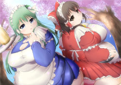 Rule 34 | 2girls, alcohol, alternate costume, apron, beer, beer mug, blue dress, blue eyes, blue sky, bow, bowl, breasts, brown eyes, brown hair, cherry blossoms, cleavage, collared shirt, covered erect nipples, cup, day, dress, enmaided, fat, frills, frog hair ornament, green hair, hair bow, hair ornament, hair ribbon, hair tubes, hakurei reimu, hands on own chest, huge breasts, kochiya sanae, kurokaze no sora, long hair, long sleeves, looking at viewer, maid, maid apron, maid headdress, mug, multiple girls, obese, panties, parted lips, pink panties, red dress, ribbon, shirt, short dress, sky, smile, snake hair ornament, thick arms, thighhighs, touhou, tray, tree, underwear, white legwear