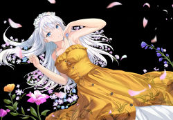 Rule 34 | 1girl, armpits, bare arms, bare shoulders, black background, blue eyes, blue flower, breasts, clip studio paint (medium), collarbone, copyright request, dress, flower, frilled dress, frills, grin, hair between eyes, hands up, highres, holding, holding flower, long hair, looking at viewer, lying, medium breasts, mosta (lo1777789), on side, petals, pink flower, purple flower, simple background, sleeveless, sleeveless dress, smile, solo, very long hair, white hair, yellow dress