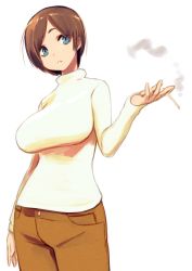 Rule 34 | 1girl, blue eyes, breasts, brown hair, brown pants, cigarette, commentary, english commentary, highres, holding, holding cigarette, king rooper, large breasts, looking to the side, original, pants, short hair, smile, smoking, solo, sweater, white background, white sweater