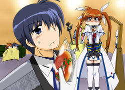 Rule 34 | 00s, 1boy, 1girl, ahoge, blue eyes, blue hair, bow, bowtie, braid, chrono harlaown, dress, durandal (nanoha), full body, ideaseed, image sample, looking at viewer, lyrical nanoha, mahou shoujo lyrical nanoha, mahou shoujo lyrical nanoha strikers, md5 mismatch, raising heart, red bow, red bowtie, resolution mismatch, s2u, shaded face, source larger, staff, sweatdrop, takamachi nanoha, thighhighs, twin braids, uniform, white dress, white thighhighs, zettai ryouiki