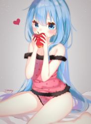Rule 34 | 1girl, apple, aqua eyes, aqua hair, artist name, bed sheet, camisole, dress, food, fruit, hair down, hatsune miku, holding, holding food, holding fruit, jimmy madomagi, long hair, off shoulder, panties, romeo to cinderella (vocaloid), solo, twintails, underwear, underwear only, vocaloid