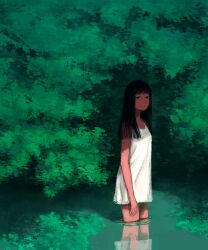 Rule 34 | 1girl, black eyes, black hair, blunt bangs, blunt ends, dress, expressionless, foliage, green theme, in water, long hair, looking at viewer, original, reflection, reflective water, shadow, shokugyo, sleeveless, sleeveless dress, solo, tree, wading, water
