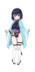 Rule 34 | 1girl, absurdres, black hair, blush, breasts, character request, cleavage, collar, collarbone, colored inner hair, full body, gluteal fold, haun (exodinary), highres, japanese clothes, katana, large breasts, medium hair, multicolored hair, purple eyes, purple hair, simple background, solo, sword, thighhighs, weapon, white background, white thighhighs