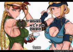 Rule 34 | 2girls, armband, artist name, bikini, blonde hair, blue eyes, bottle, braid, breasts, cammy white, capcom, cleavage, cleavage cutout, clothing cutout, drink, earphones, final fight, final fight 3, fingerless gloves, gloves, hershuar, korean text, large breasts, lucia morgan, mp3 player, multiple girls, muscular, muscular female, navel, one-piece swimsuit, one eye closed, police, police uniform, policewoman, shiny skin, sidelocks, smile, street fighter, street fighter v, sunglasses, sunglasses on head, swimsuit, twin braids, uniform, v, wink