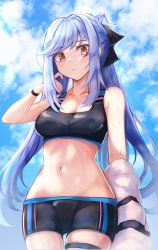 Rule 34 | 1girl, :&lt;, alternate costume, azur lane, bare shoulders, black shorts, blue hair, blue sky, breasts, cleavage, closed mouth, cloud, collarbone, cowboy shot, crop top, day, essex (azur lane), groin, hair ribbon, hand up, highres, long hair, looking at viewer, medium breasts, midriff, navel, off shoulder, orange eyes, outdoors, panipo, ponytail, ribbon, short shorts, shorts, sidelocks, sky, sleeveless, solo, sports bra, standing, stomach, sweat, thigh strap, very long hair, wristband