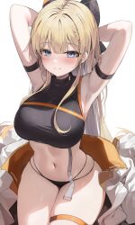 Rule 34 | 1girl, absurdres, arm belt, armpits, arms behind head, arms up, bikini, bikini bottom only, black bikini, blonde hair, blue eyes, blush, breasts, chimyo, closed mouth, commission, crop top, highres, jacket, korean commentary, large breasts, long hair, looking at viewer, navel, original, simple background, skindentation, smile, solo, stomach, swimsuit, thigh strap, unworn jacket, white background, white jacket